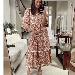 Old Navy Womens Floral Print 3/4 Sleeve Tie Neck Maxi Swing Dress Size L Ditzy